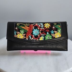 Black Embroidered Vibrant Floral & Bird Wallet